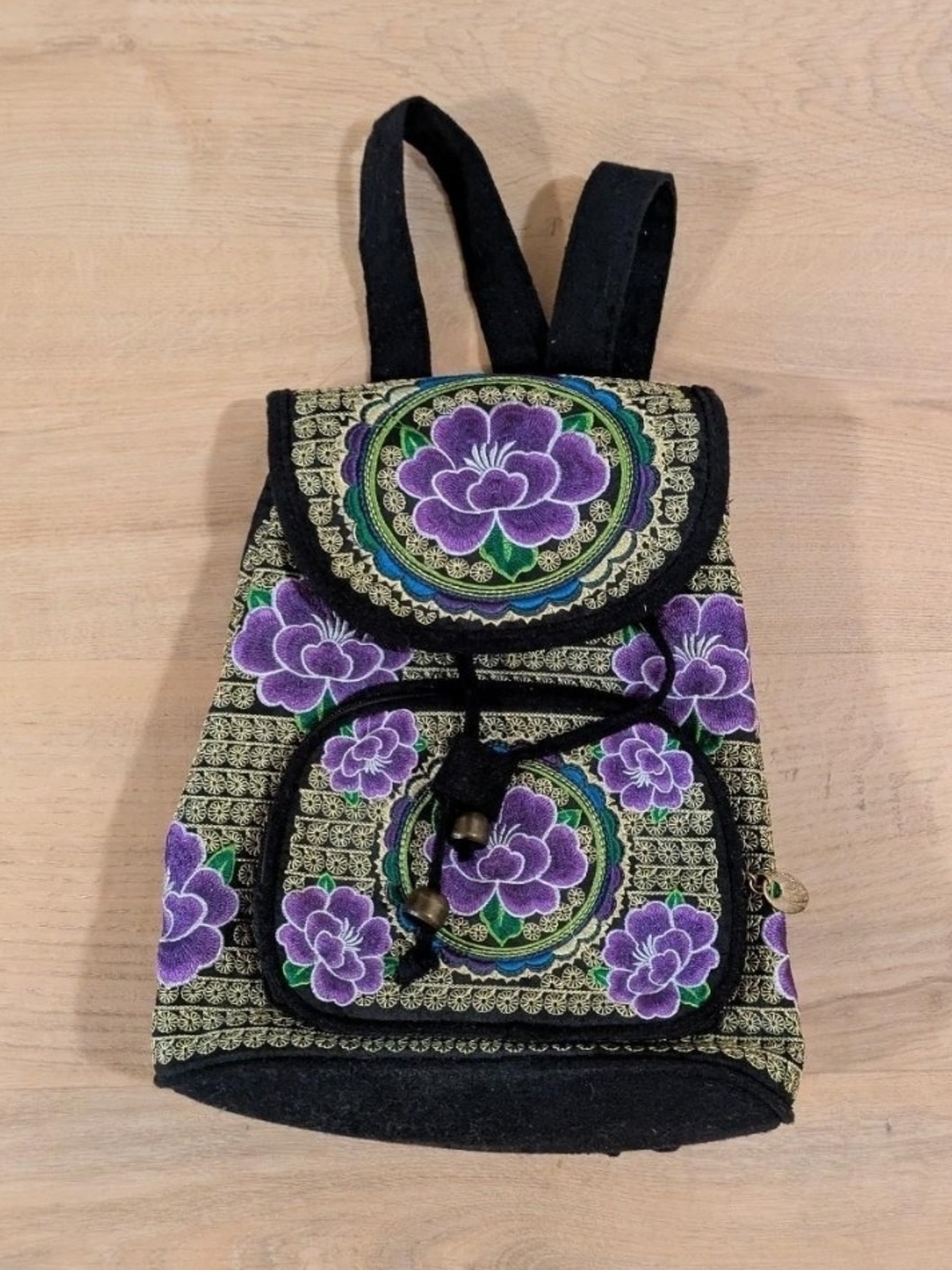 Boho Black Backpack with Purple Floral Embroidery